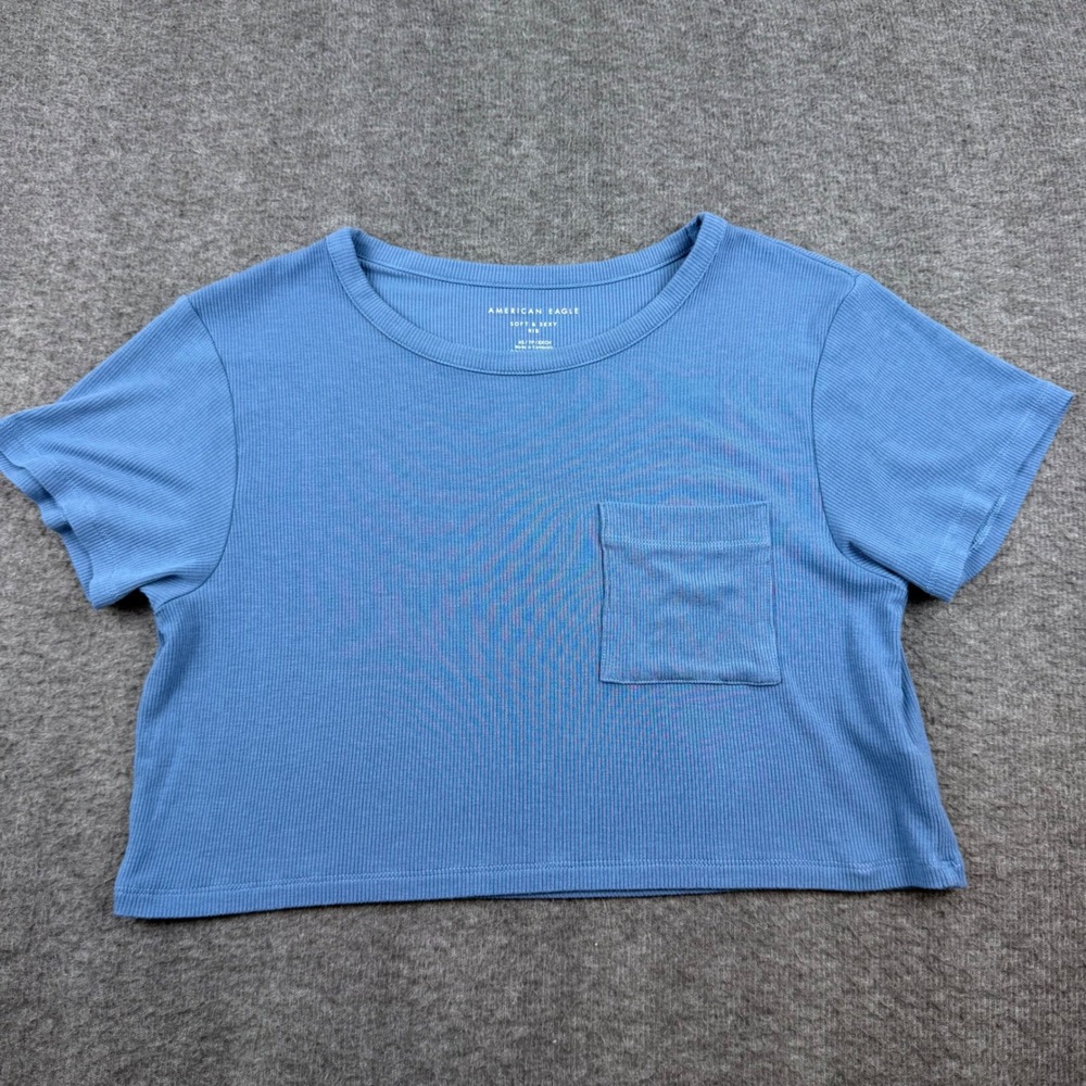 American Eagle Crop Top Women's XS Blue Ribbed Soft Sexy Short Sleeve Pocket Tee